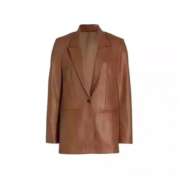 Staud Madden Womens Faux Vegan Leather Oversized Brown Blazer Jacket L Long $495 - Picture 13 of 15